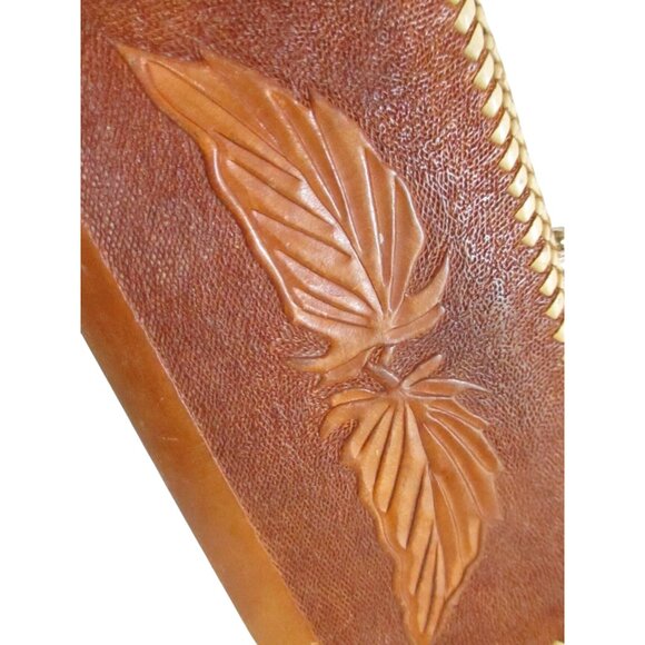 Vintage Clutch Wallet 1970's Women's 7" Handmade Leather Tooled Leaved Hippie - Picture 3 of 10